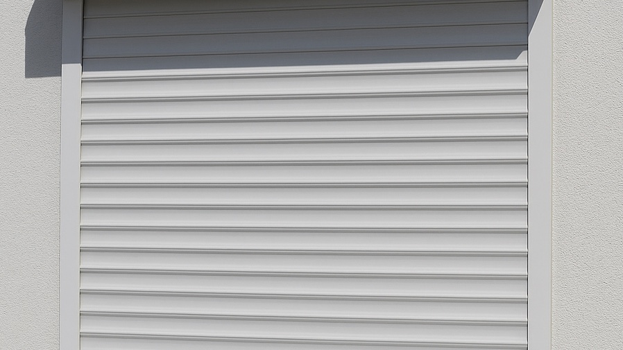 White aluminium window roller shutter half-closed over a villa window